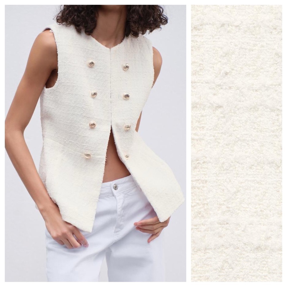 NWT. Zara Ecru Structured Long Vest with Contrast Buttons. Size M.